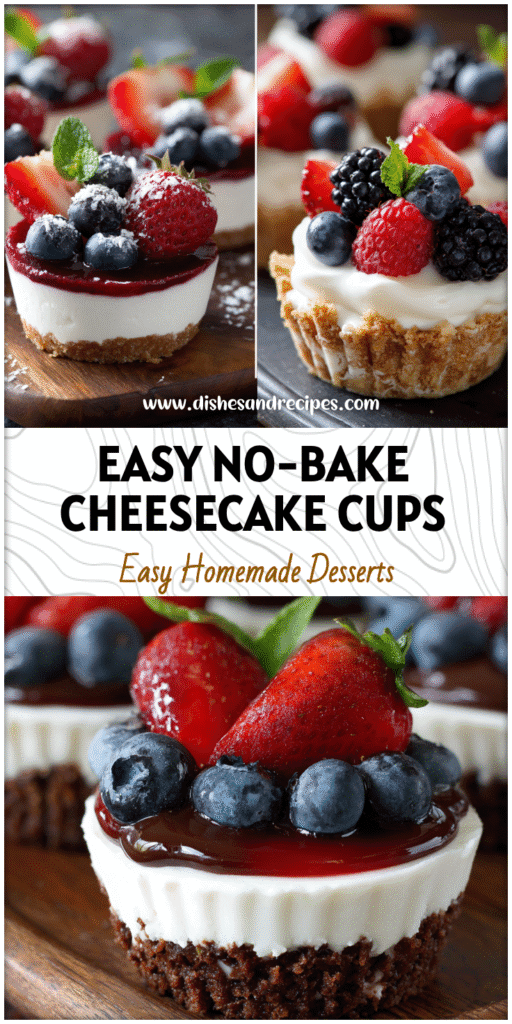 Mini dessert cups filled with no-bake berry cheesecake topped with fresh berries and cream.